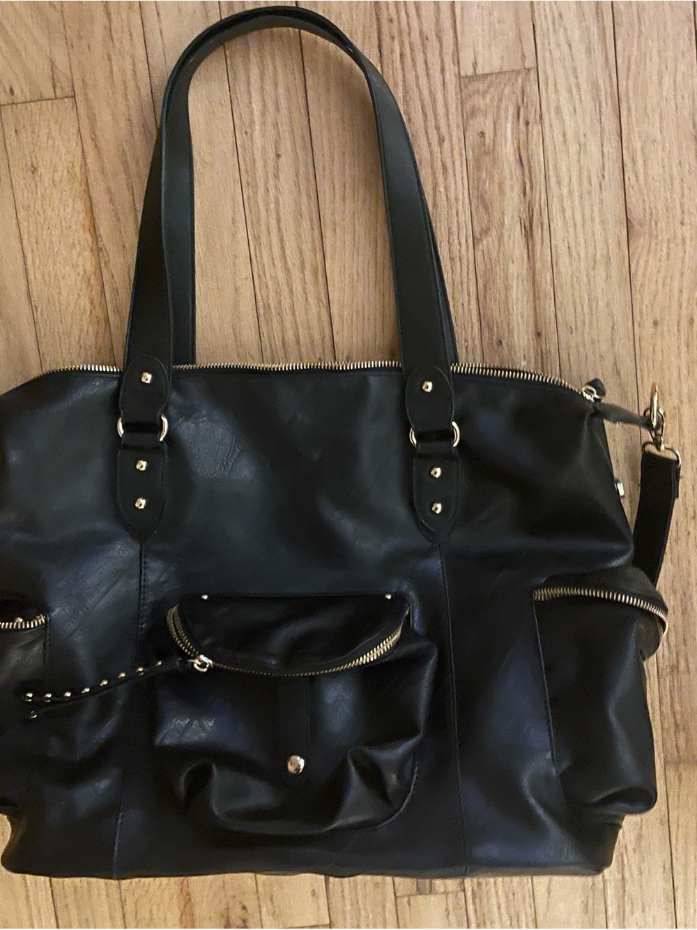 Classic Black Women's Tote with Front Pocket and Gold Hardware